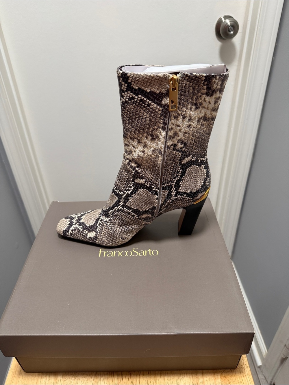 Franco Sarto Snake-Print Block Heel Mid-Calf Boot in Beige and Black
